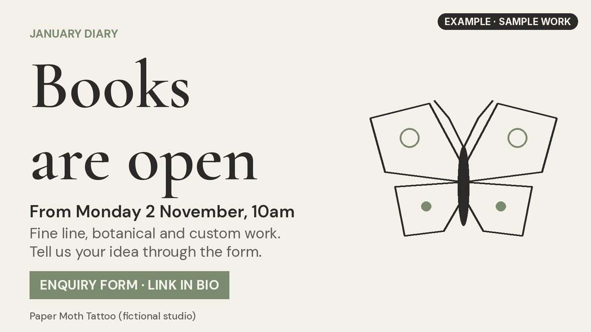 Example books-open post for a fictional studio, Paper Moth Tattoo