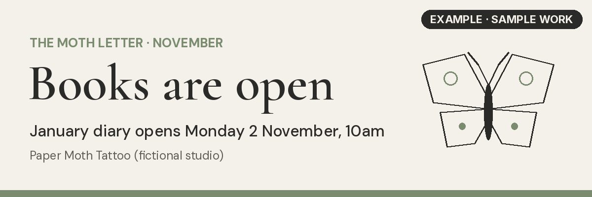 Example client email header for a fictional studio, Paper Moth Tattoo