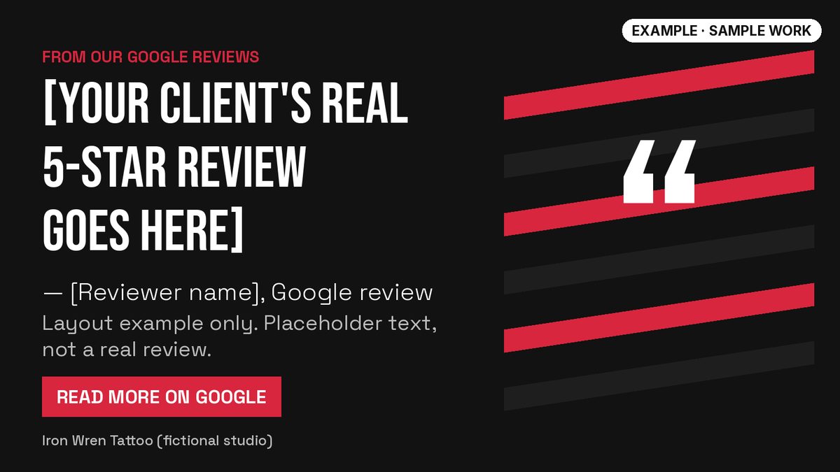 Example review highlight layout with placeholder text, for a fictional studio, Iron Wren Tattoo