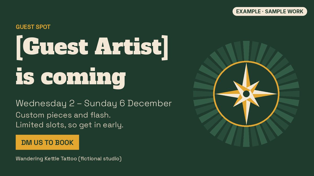 Example guest-spot announcement for a fictional studio, Wandering Kettle Tattoo